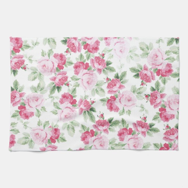 Romantic modern pink white trendy roses floral kitchen towel (Horizontal)