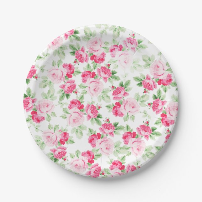Romantic modern pink white trendy roses floral paper plates (Front)