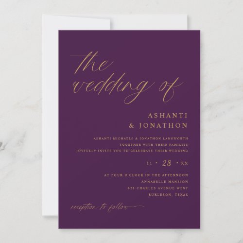 Romantic Modern Plum Purple and Gold Wedding Invitation