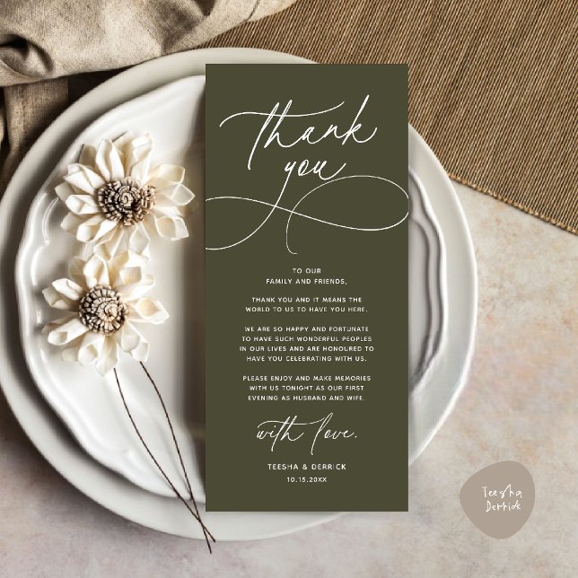 Romantic Modern Wedding Reception Thank You Card (Romantic Modern Wedding Reception Dinner Thank You Card in olive green)