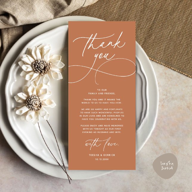 Romantic Modern Wedding Reception Thank You Card (Romantic Modern Wedding Reception Dinner Thank You Card in copper terracotta brown)