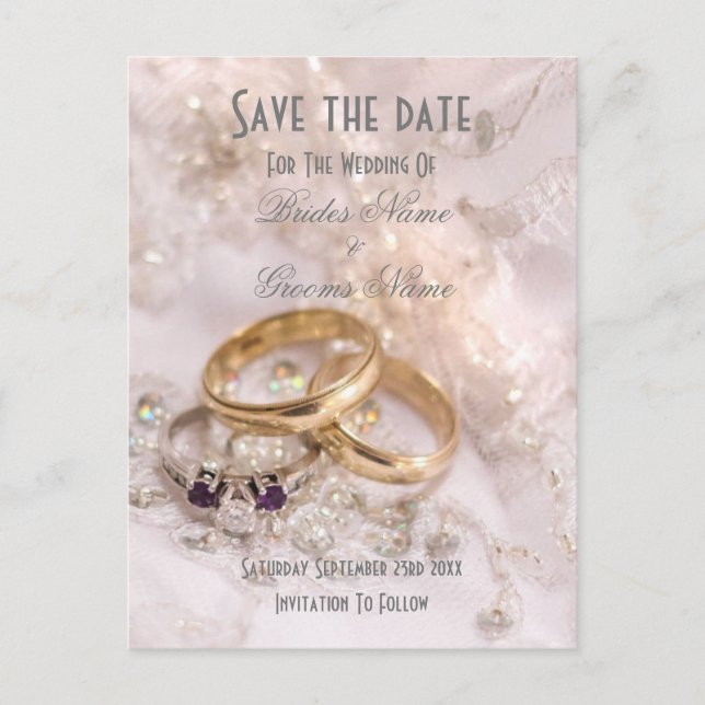 Romantic modern wedding rings save the date announcement postcard (Front)