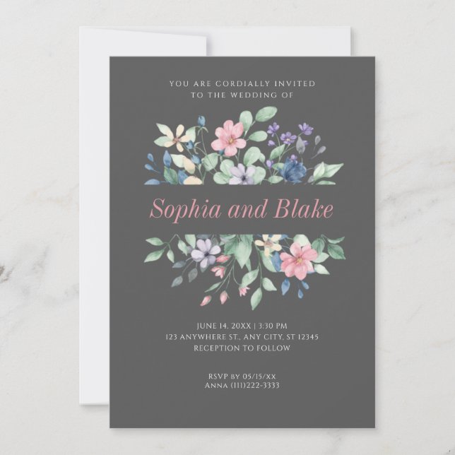 Romantic Modern Wildflowers Dark Gray Wedding Invitation (Front)