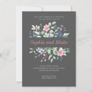 Romantic Modern Wildflowers Dark Gray Wedding Invitation