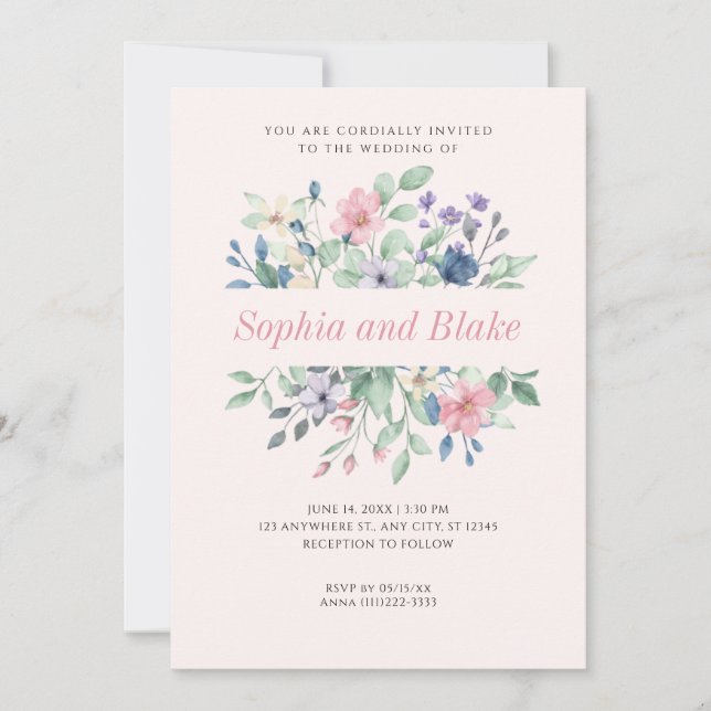 Romantic Modern Wildflowers Pale Pink Wedding Invitation (Front)