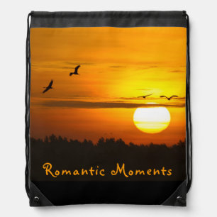 Romantic moments Cranes at sunrise photo with text Drawstring Bag