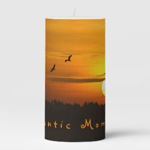 Romantic moments Cranes at sunrise photo with text Pillar Candle