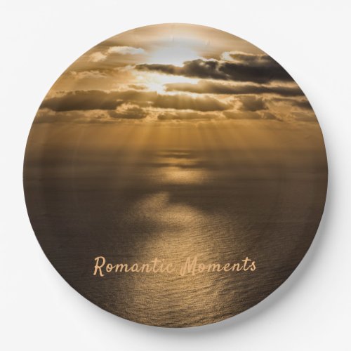 Romantic moments sunset ocean photo with text paper plates