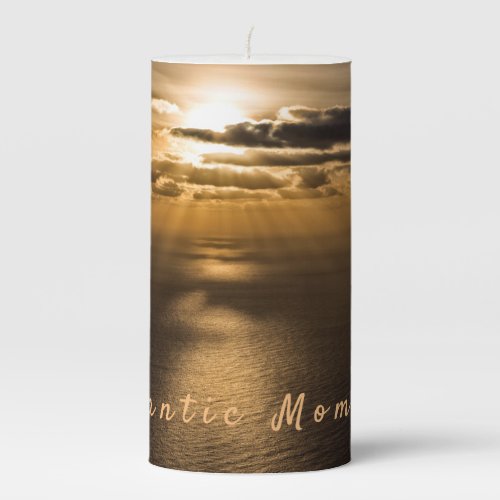 Romantic moments sunset ocean photo with text pillar candle