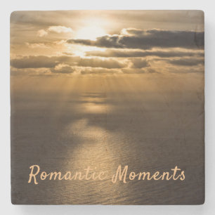 Romantic moments sunset ocean photo with text stone coaster