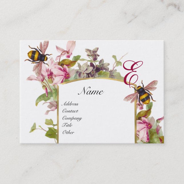 ROMANTIC MONOGRAM,Cyclamens and Honey Bees Business Card (Front)