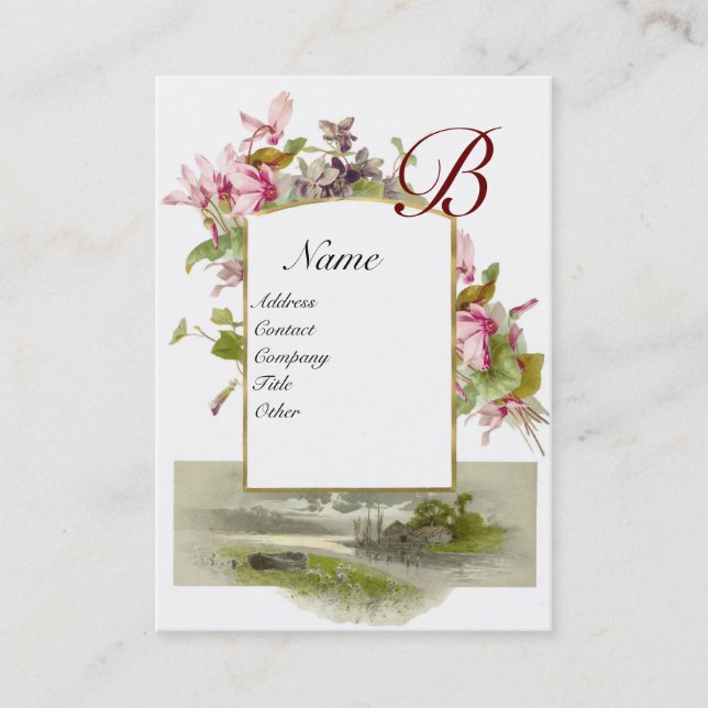 ROMANTIC MONOGRAM,Cyclamens pink green white Business Card (Front)