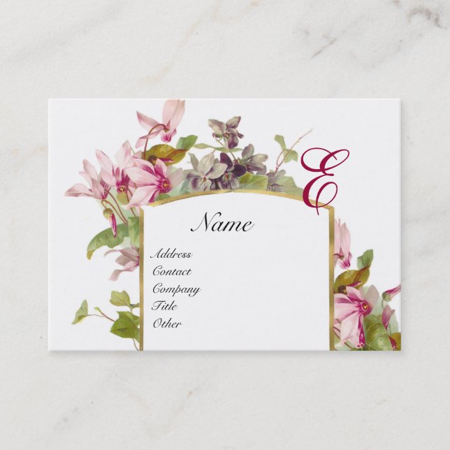 ROMANTIC MONOGRAM,Cyclamens pink green white Business Card (Front)