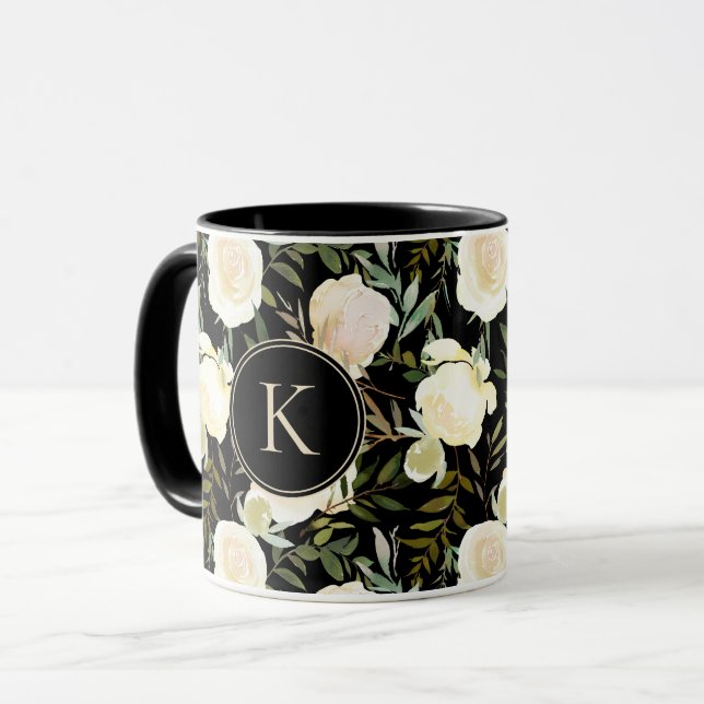 Romantic Monogram Floral Vanilla Green Watercolor Mug (Front Left)