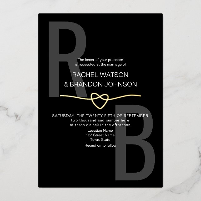 Romantic Monogram Gold and Black Wedding QR Code Foil Invitation (Front)