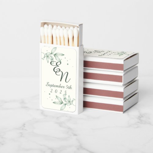 Romantic  Monogram green leaves wedding favors  Matchboxes