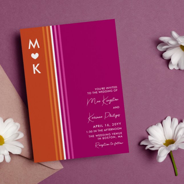 Romantic Monogram Lesbian Flag Stripes Wedding Invitation (Creator Uploaded)