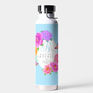 Romantic Monogram Peonies Garden Blue Water Bottle