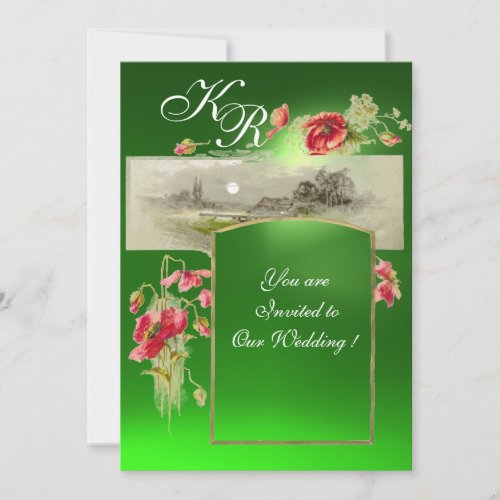 ROMANTİC MONOGRAM  POPPIESredgreen emerald Invitation