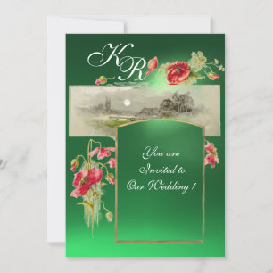 ROMANTİC MONOGRAM / POPPIES,red,green jade Invitation