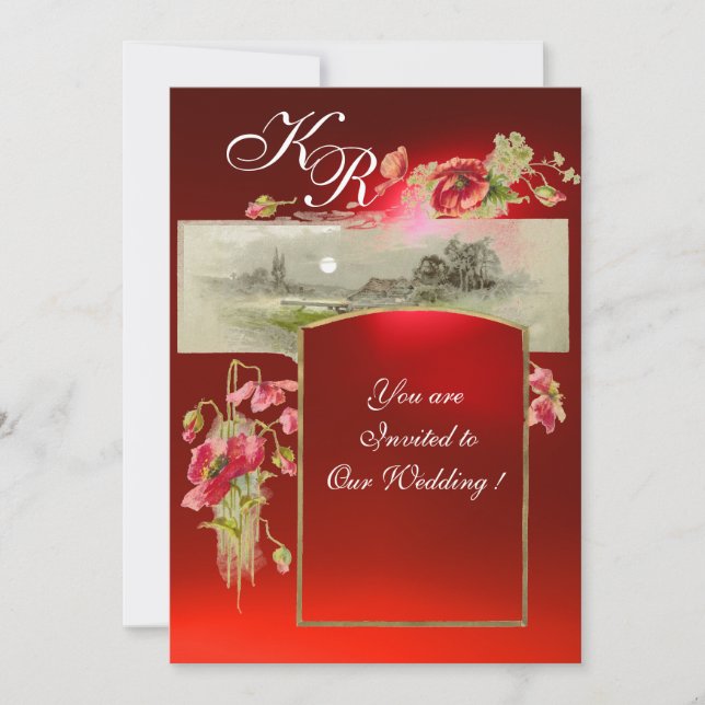 ROMANTİC MONOGRAM / POPPIES,red,green,red ruby Invitation (Front)