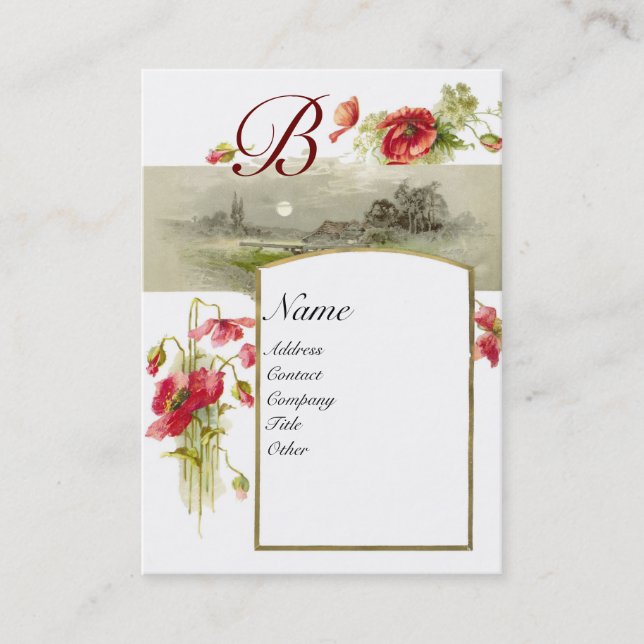 ROMANTIC MONOGRAM, POPPIES red green white Business Card (Front)