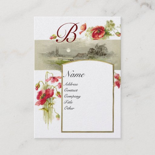 Customizable ROMANTIC MONOGRAM, POPPIES red green white pearl Business Card Templates