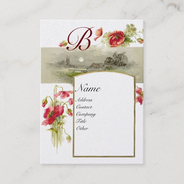 ROMANTIC MONOGRAM, POPPIES red green white pearl Business Card (Front)