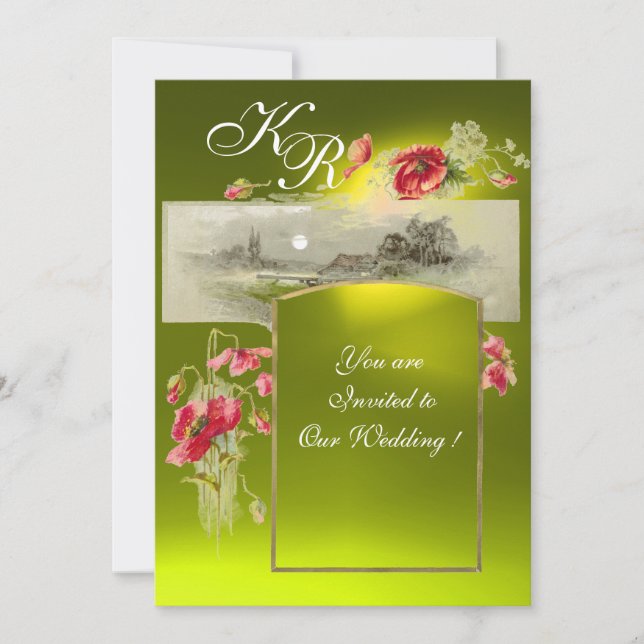 ROMANTİC MONOGRAM / POPPIES,red,green,yellow topaz Invitation (Front)