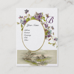 ROMANTIC MONOGRAM,VIOLETS purple green white pearl Business Card