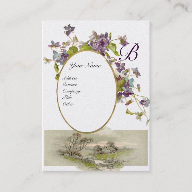 ROMANTIC MONOGRAM,VIOLETS purple green white pearl Business Card (Front)