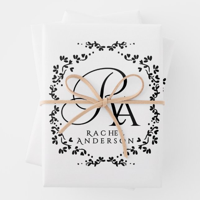 Romantic Monogram White Wrapping Paper Sheets (In situ)