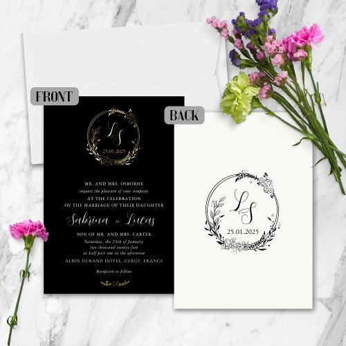 Romantic Monogrammed Elegant Floral Wreath Gold Foil Invitation