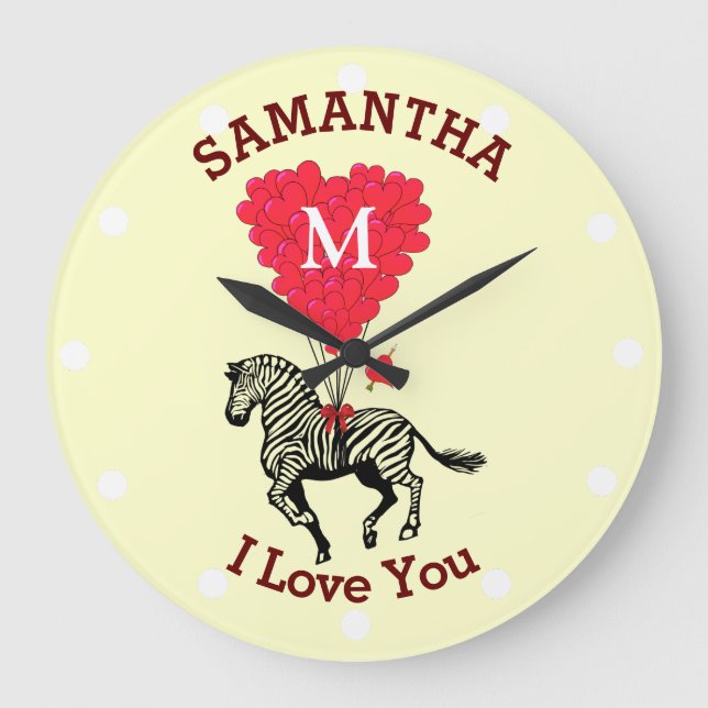 Romantic monogrammed zebra personalized large clock (Front)
