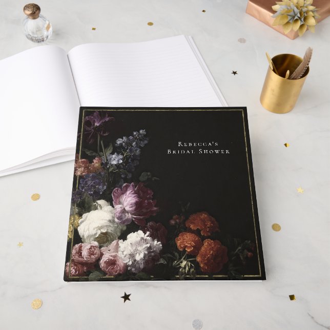 Romantic Moody Black Gothic Florals Bridal Shower Guest Book (Front Open)