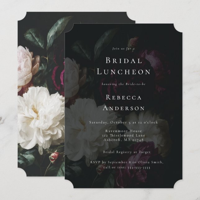 Romantic Moody Black Gothic Florals Bridal Shower Invitation (Front/Back)