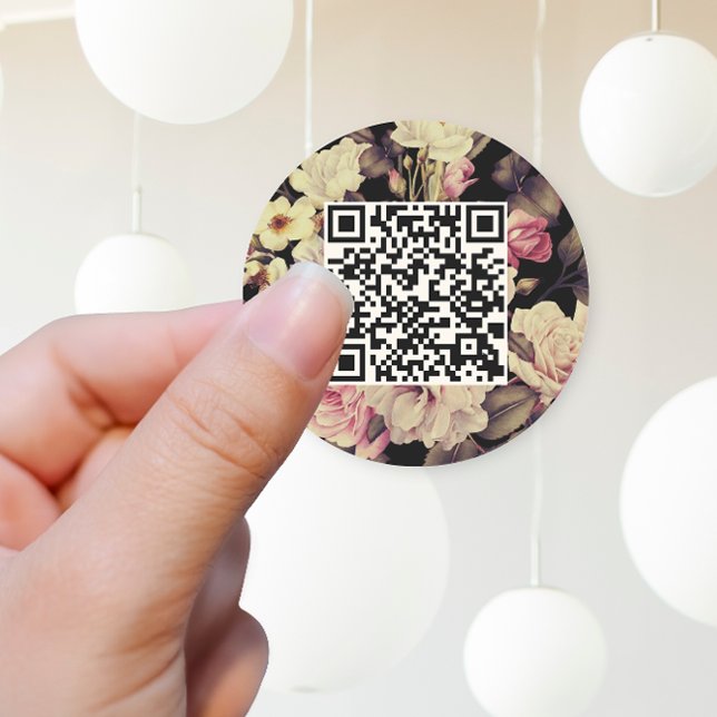 Romantic Moody Floral QR Code Black Classic Round Sticker (Pretty wedding sticker features delicate blooms and your qr code on an elegant black background.)
