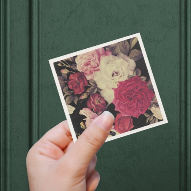 Romantic Moody Floral Wedding Black Napkins (This lovely wedding napkin features lush blooms on an elegant black background.)