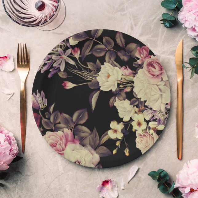 Romantic Moody Floral Wedding Black Paper Plates (This pretty vintage look floral wedding paper plate is perfect for a wedding or special occasion.)