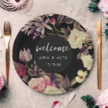 Romantic Moody Floral Wedding Name Date Black Paper Plates<br><div class="desc">Romantic vintage look moody floral wedding paper plate features a beautiful flower and greenery pattern on a dramatic black background,  and includes welcome script with names and date.</div>