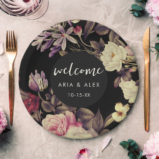 Romantic Moody Floral Wedding Name Date Black Paper Plates