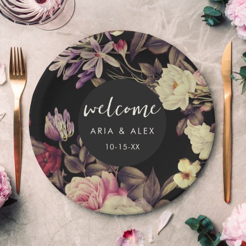 Romantic Moody Floral Wedding Name Date Black Paper Plates