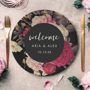 Romantic Moody Floral Wedding Name Date Black Paper Plates