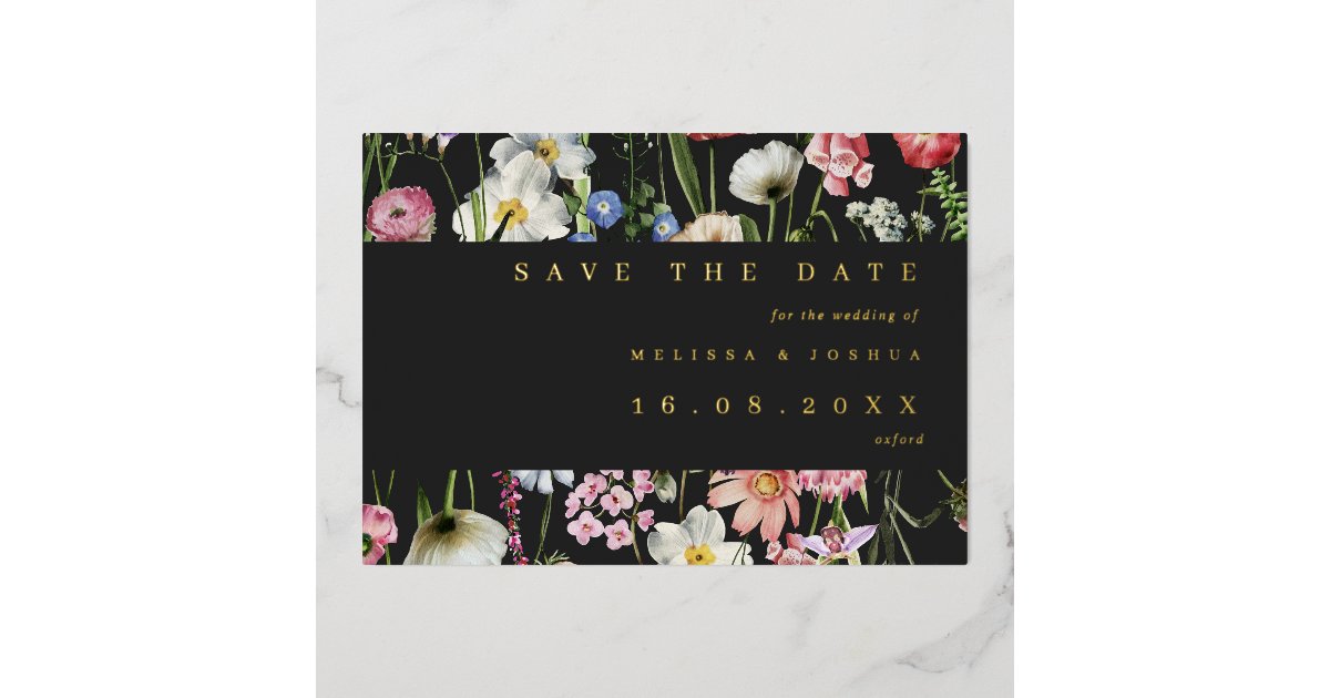 Romantic Moody Floral Wedding Save The Date GOLD Foil Invitation | Zazzle