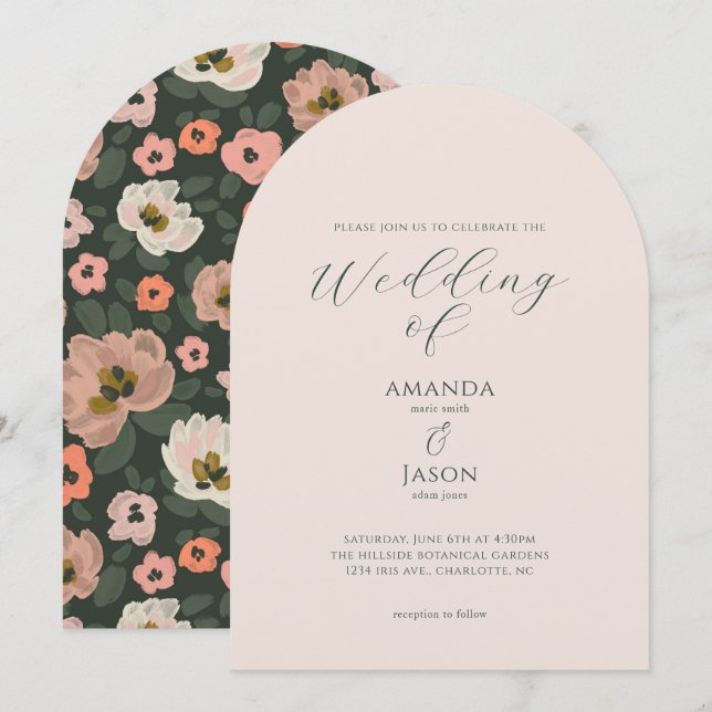 Romantic moody painted floral garden party wedding invitation (Front/Back)