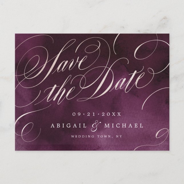 Romantic Moody plum calligraphy save the date Announcement Postcard (Front)