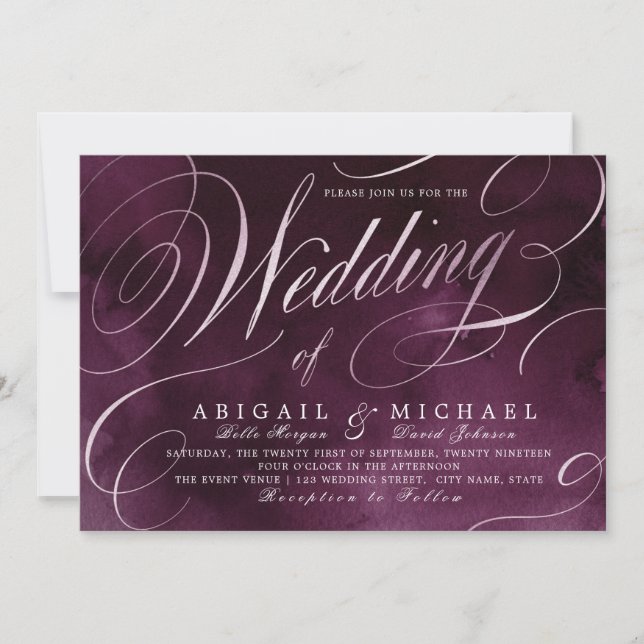 Romantic Moody plum calligraphy vintage wedding Invitation (Front)
