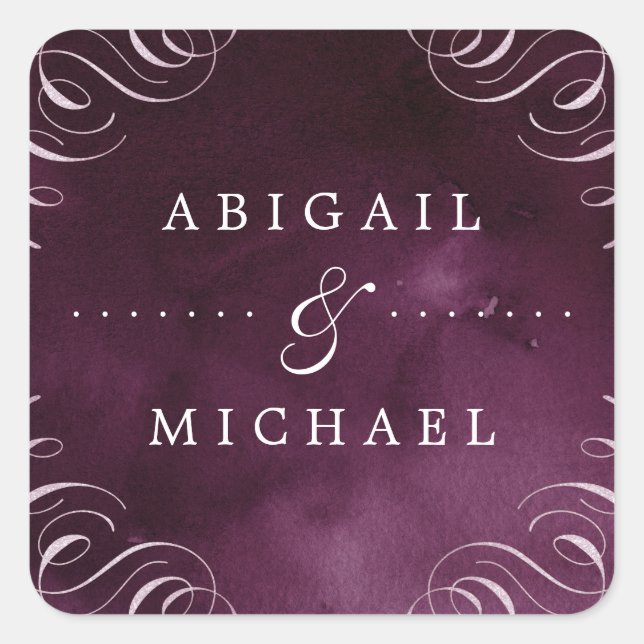 Romantic moody plum calligraphy vintage wedding square sticker (Front)