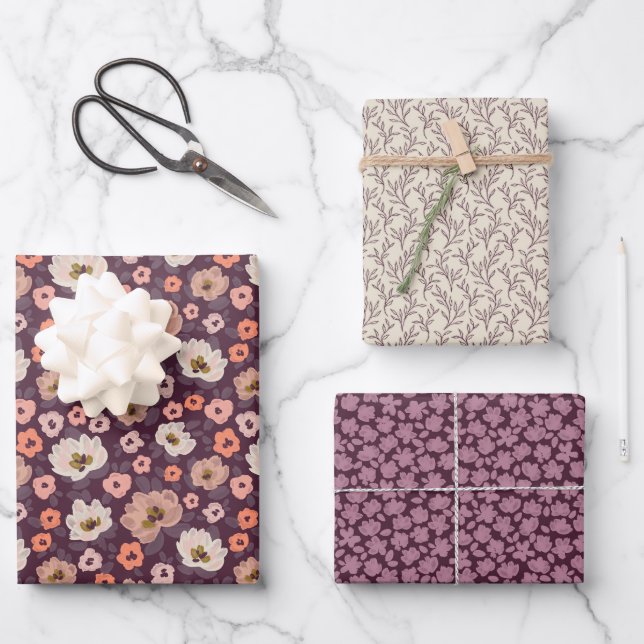 Romantic moody plum purple floral wedding shower wrapping paper sheets (Front)
