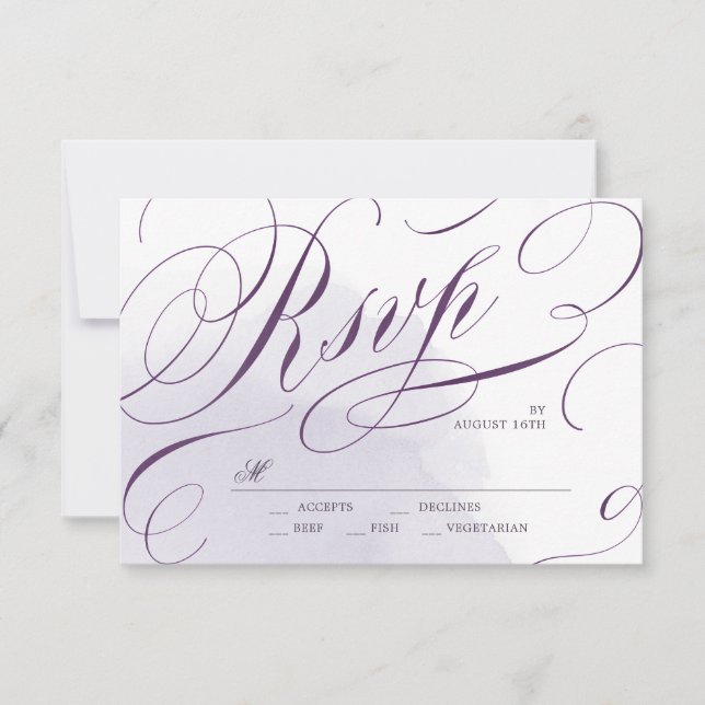 Romantic Moody purple calligraphy wedding RSVP Card (Front)